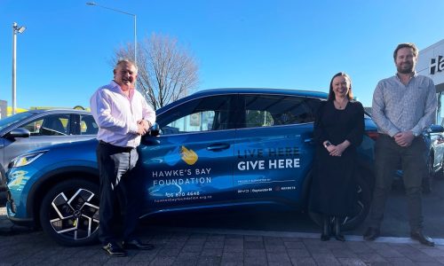 Bayswater Vehicles CEO Rob Townshend (left) with Hawke's Bay Foundation's Amy Bowkett and Bayswater Hastings Dealership Principal Hayden Firth.