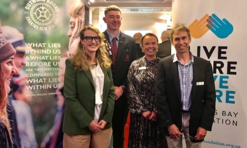 (From left to right), Outward Bound Chief Executive Malindi Maclean, HBHS student Quaid Crawford, Hawke's Bay Foundation Executive Officer Amy Bowkett and Chair Giles Pearson