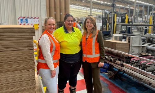 Amy Walker (Visy Chief Human Resources Officer), Rosabella (Visy Board team member) with Fiona Geminder (Co-Owner, Visy) at Visy Board Wiri in Auckland