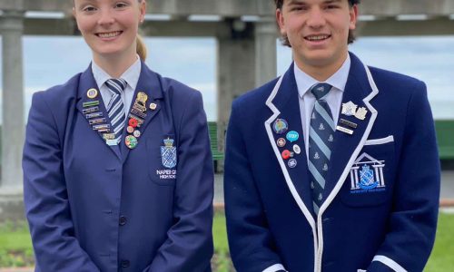 Crombie Scholarship 2021 recipients: Lexie Crawford (Napier Girls High School) and Noah Smith (Napier Boys High School). Photo courtesy of Amy Bowkett.